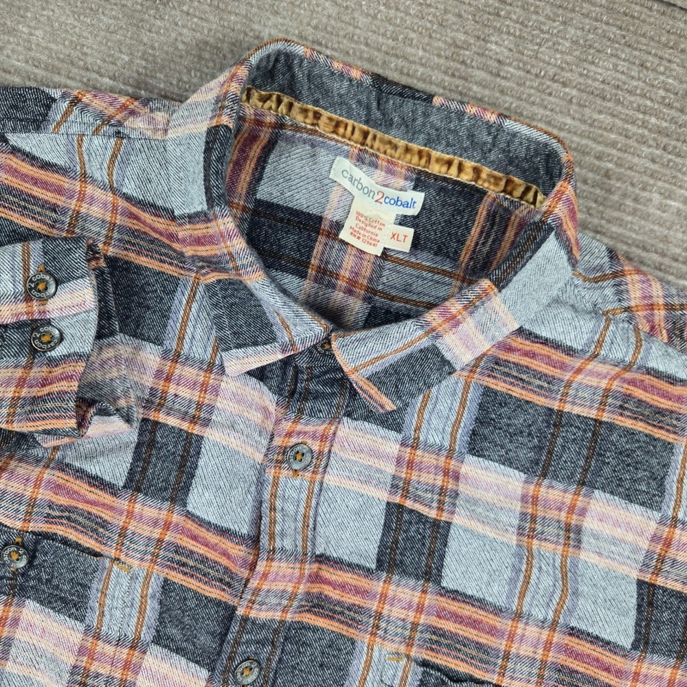 Carbon2Cobalt Mens XLT Blue Orange Plaid Cotton Flannel Button Down Shirt
